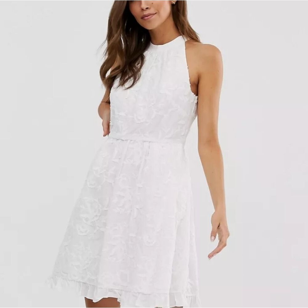 TED BAKER LORENE Embroidered Halter Neck Skater Dress White | Size 4